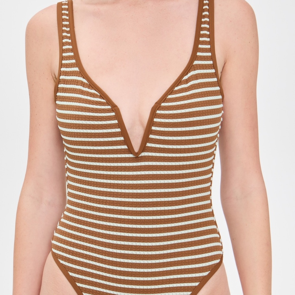L*Space Brown and White Striped One Piece Swimsuit